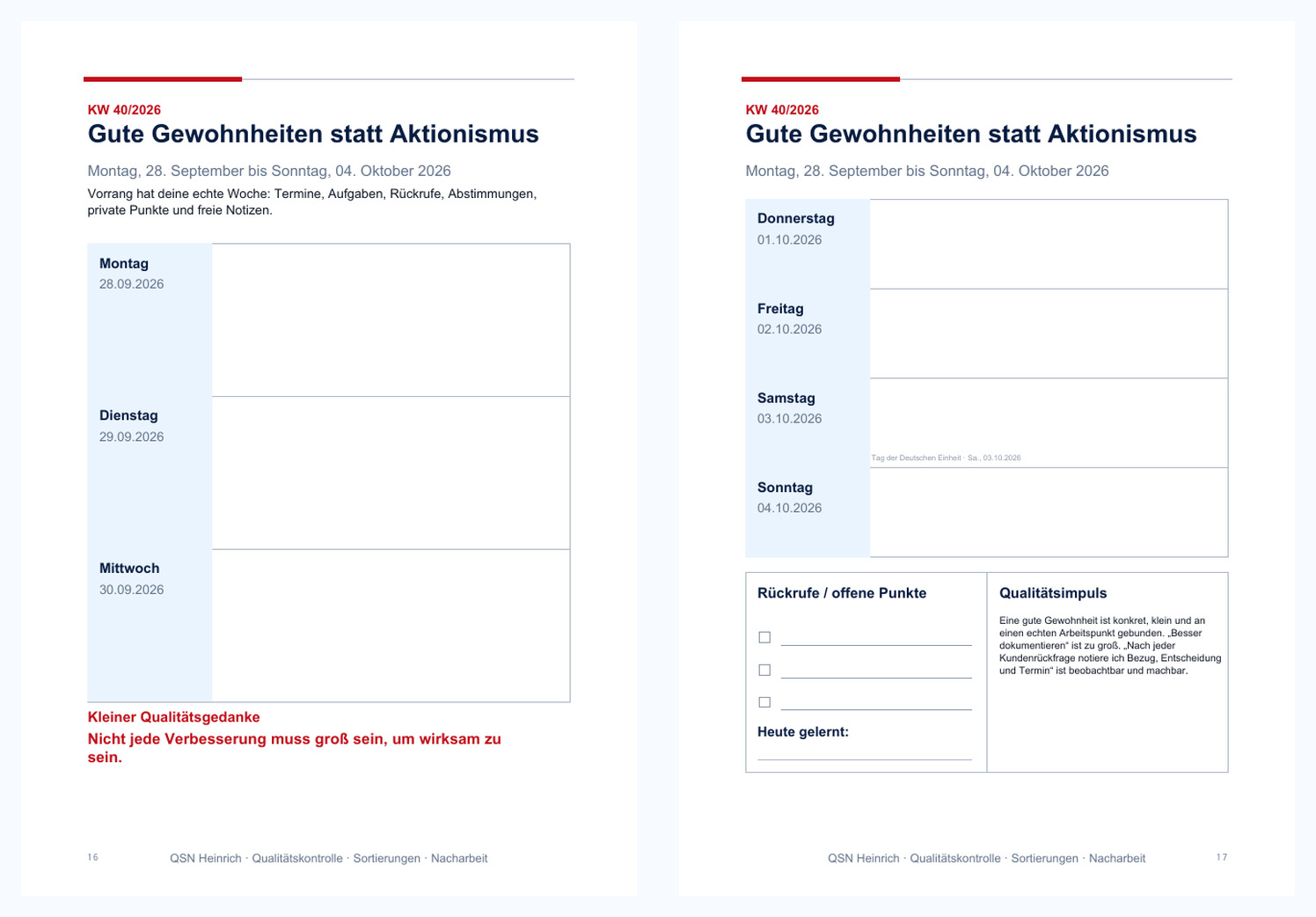 Beispiel einer Wochenplanung im Qualitätshelfer